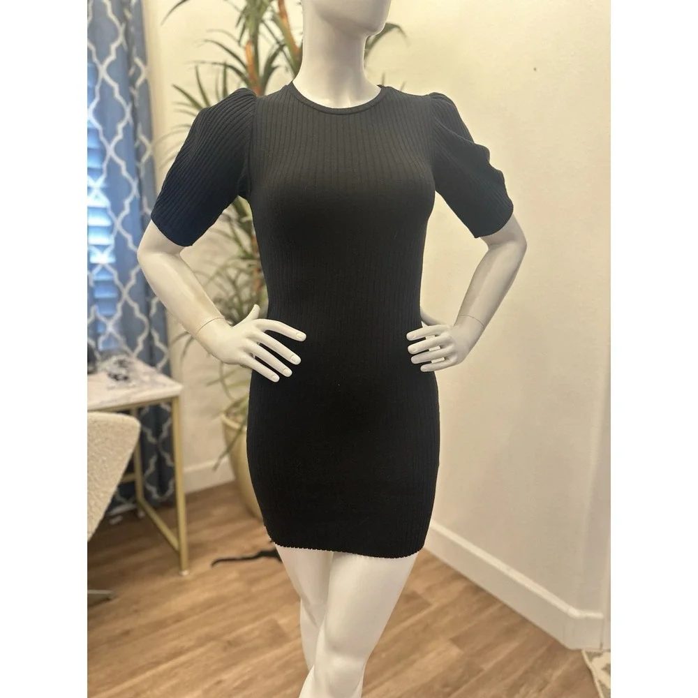 ZARA Black Dress Women Size M/6/8 Ribbed Knit Puff Sleeve Bodycon Sweater Fitted